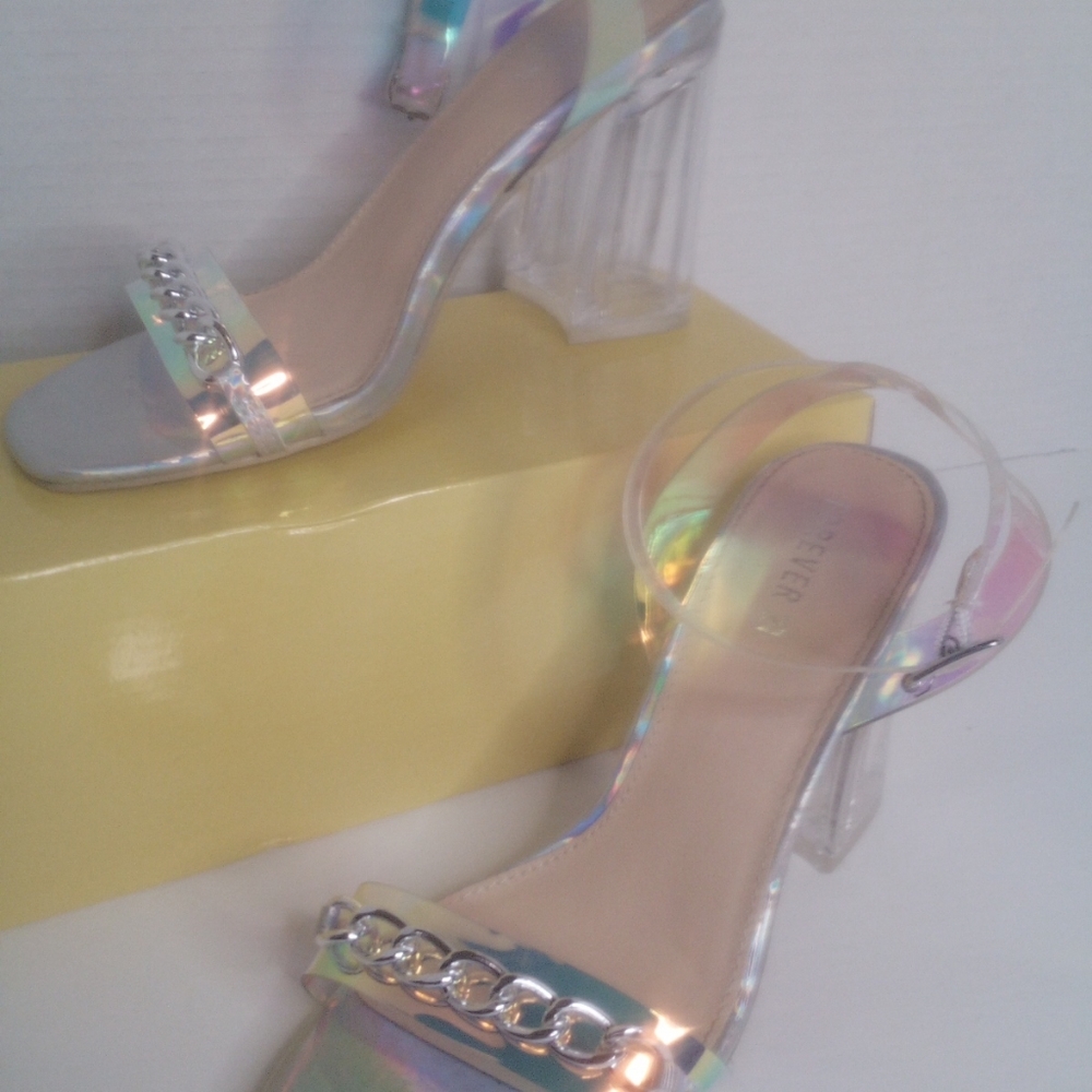 Iridescent Clear Block Heel Sandals with Chain Accent